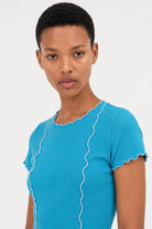Bright blue ribbed contrast trim double line tee_3
