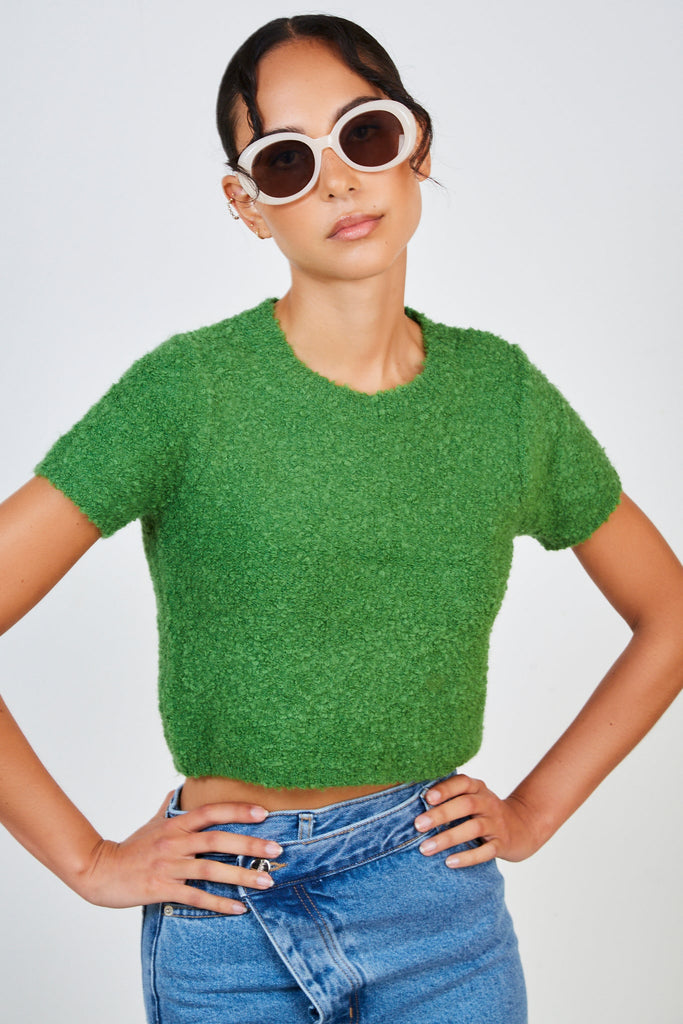 Bright green textured poodle knit tee_1