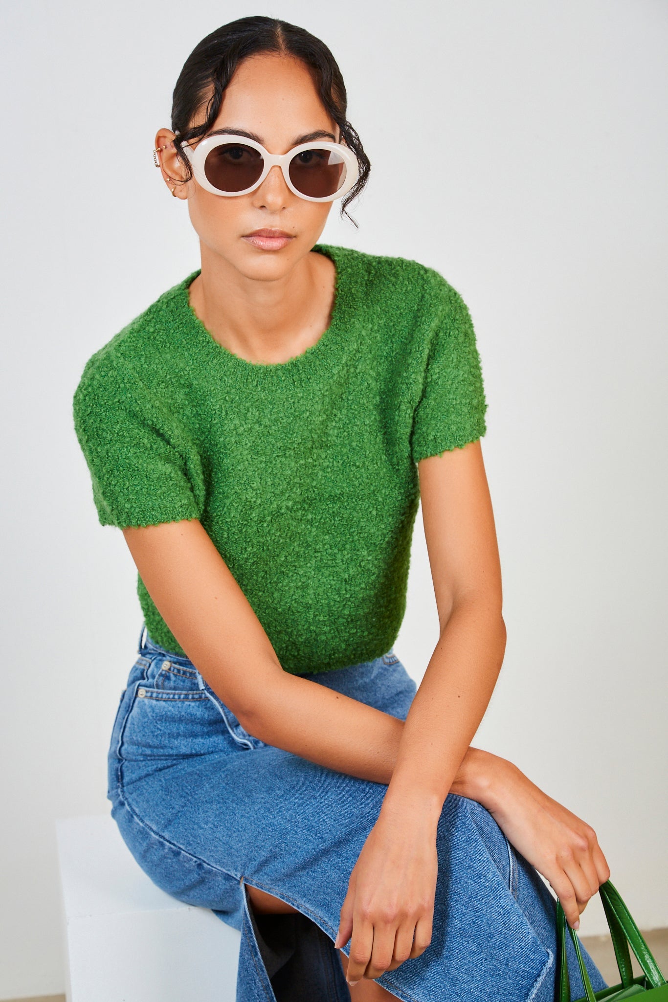 Bright green textured poodle knit tee