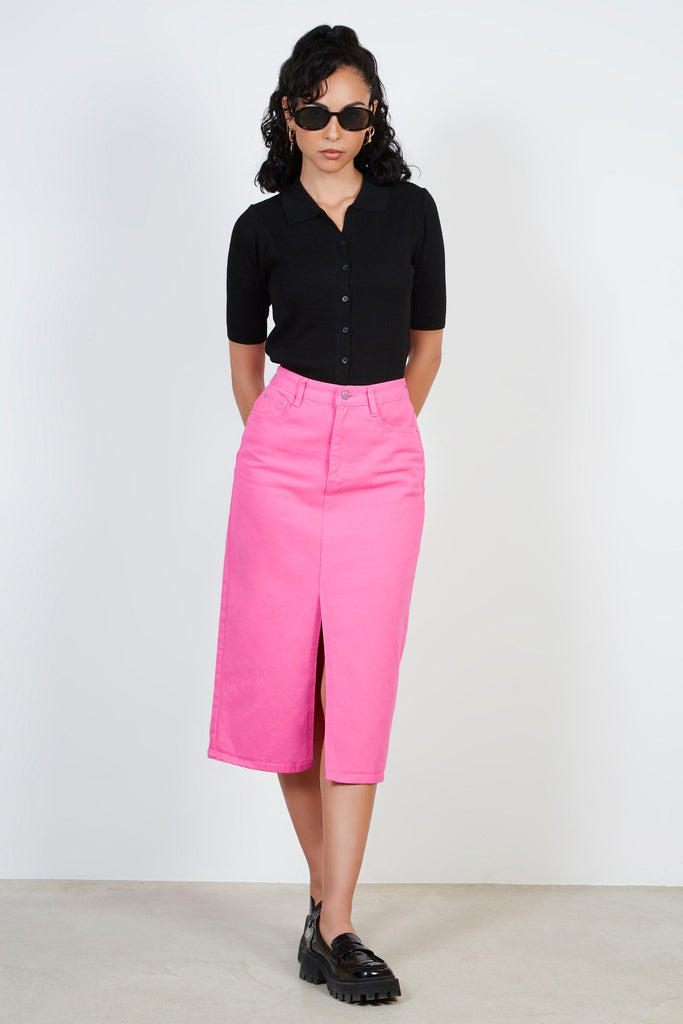 Bright pink denim high slit skirt_3