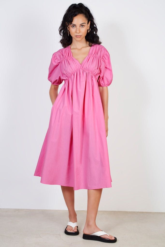 Bright pink ruched seam V neck dress_1