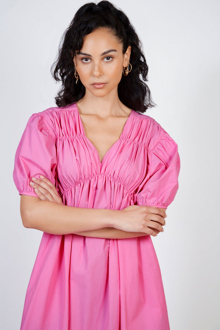 Bright pink ruched seam V neck dress