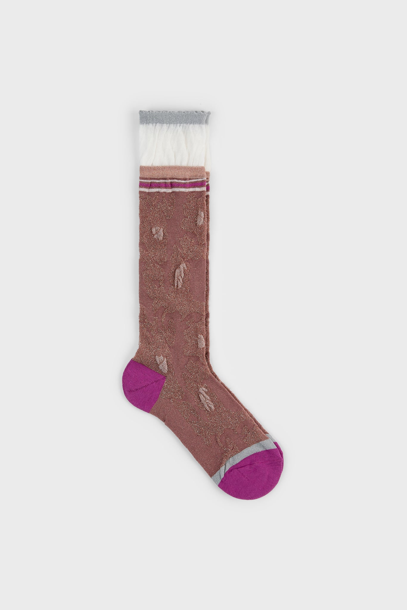 Bronze metallic floral magenta heeled varsity trim cuffed socks_1