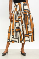 Brown abstract print drop waist skirt_1