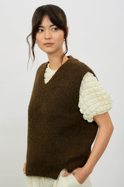Brown alpaca wool blend V neck sweater vest | Glassworks London