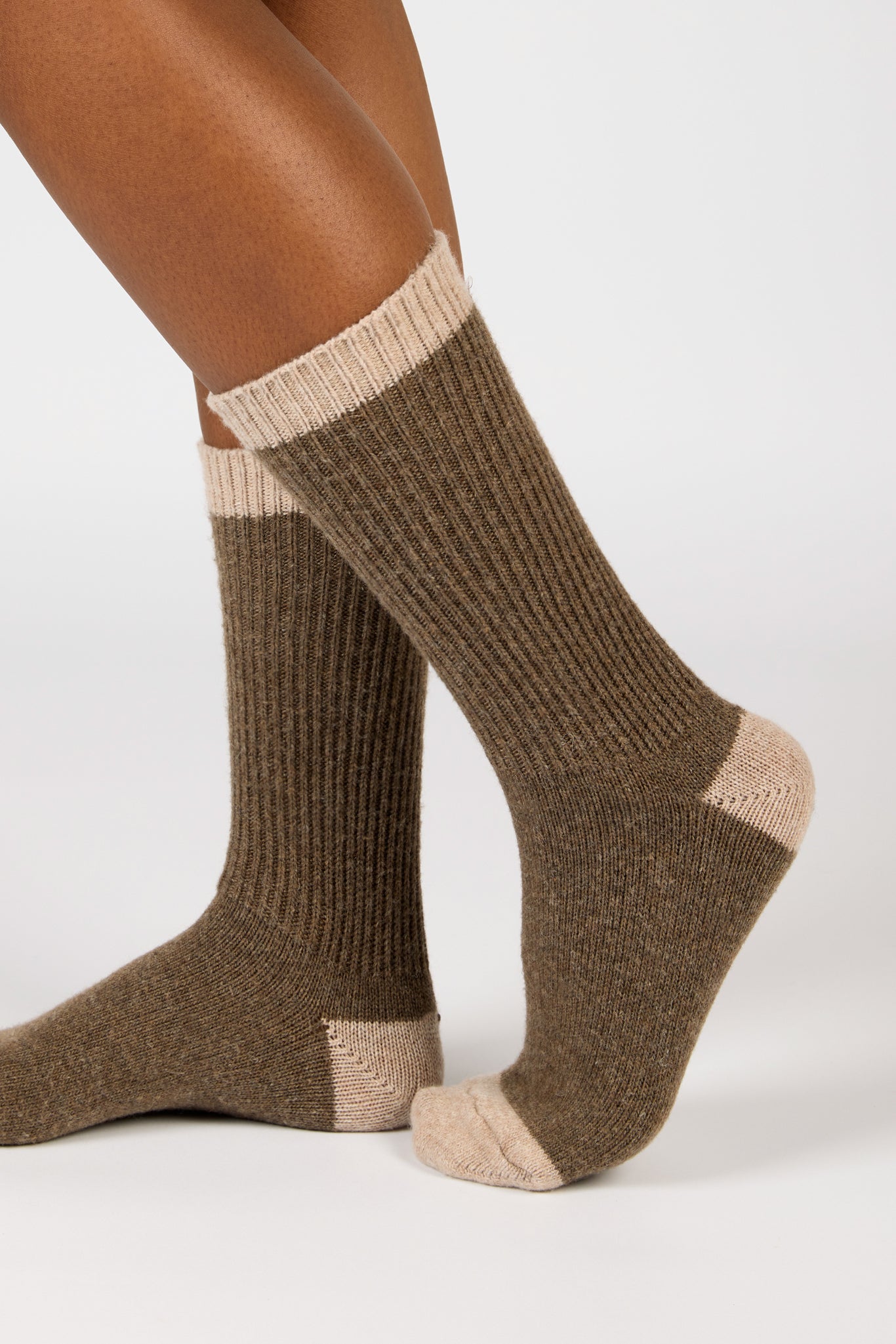 Brown and beige contrast trim cashmere blend socks_3