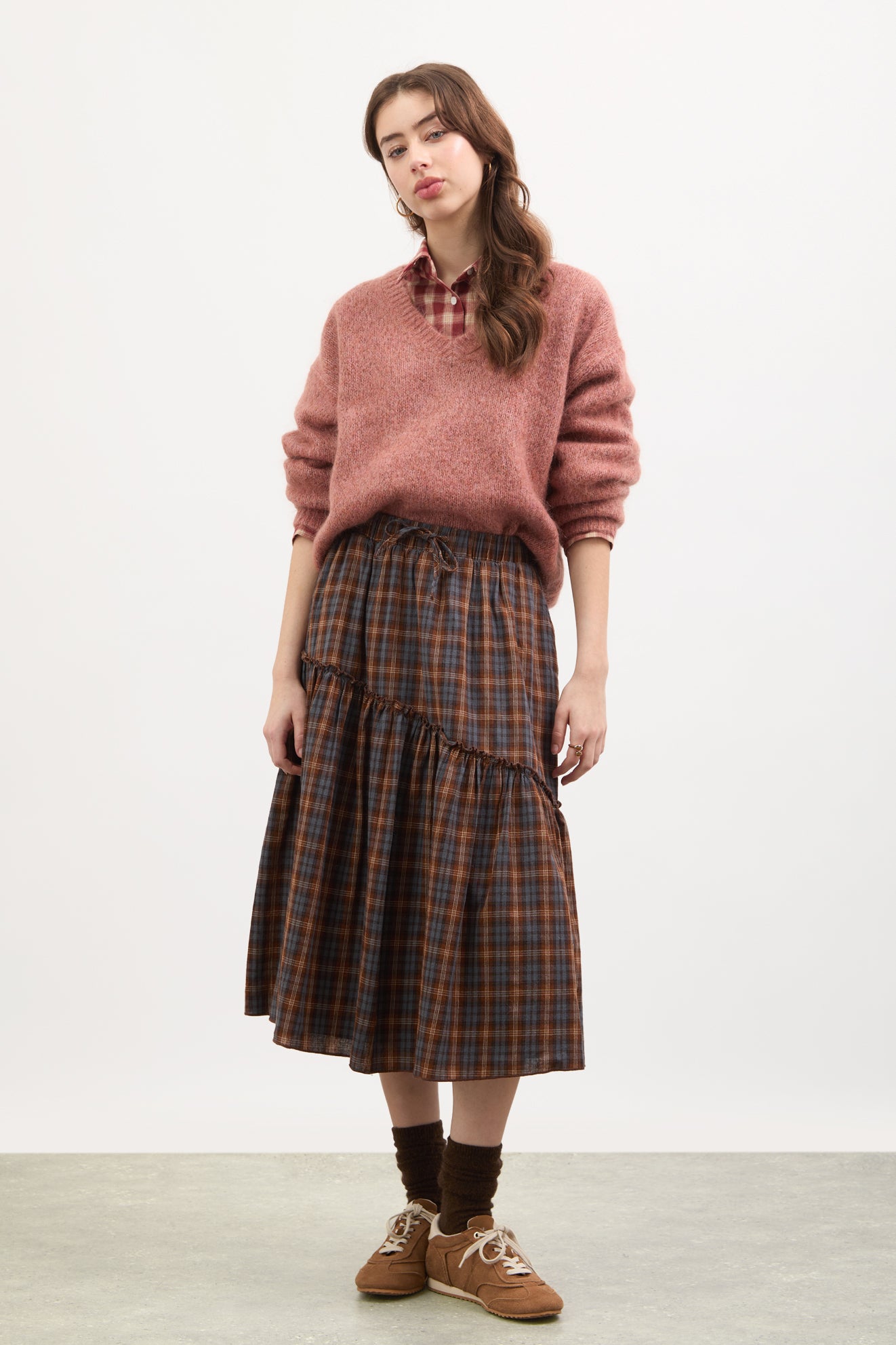 Brown and blue plaid diagonal tiered skirt_4