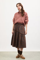 Brown and blue plaid diagonal tiered skirt_4
