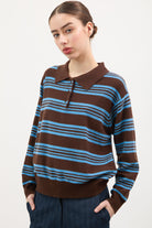 Brown and cobalt blue striped pure wool rugby jumper_1