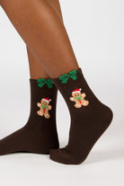 Brown and green bow trim gingerbread man socks_3