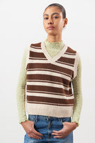 Brown and ivory textured striped wool blend sweater vest_1