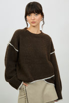 Brown and ivory wool blend asymmetric hem jumper_1