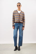 Brown blue and yellow striped wool blend cardigan_2