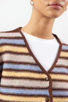 Brown blue and yellow striped wool blend cardigan_1