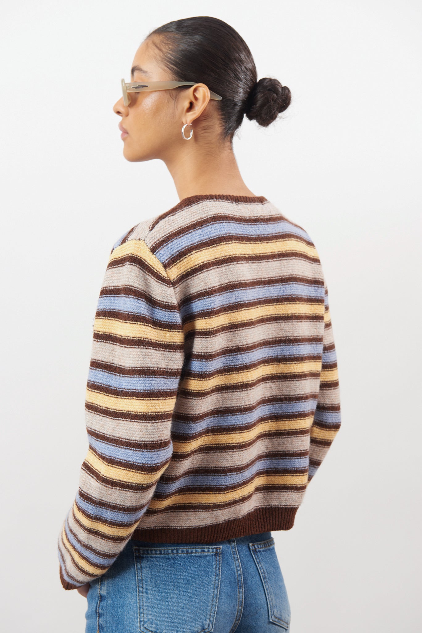 Brown blue and yellow striped wool blend cardigan_2