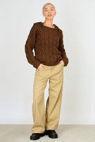Brown cable knit tie shoulder jumper_4