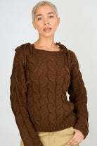 Brown cable knit tie shoulder jumper_1