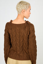 Brown cable knit tie shoulder jumper_2