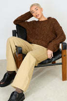 Brown cable knit tie shoulder jumper_5