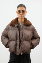 Brown and caramel faux fur collar puffer coat_1