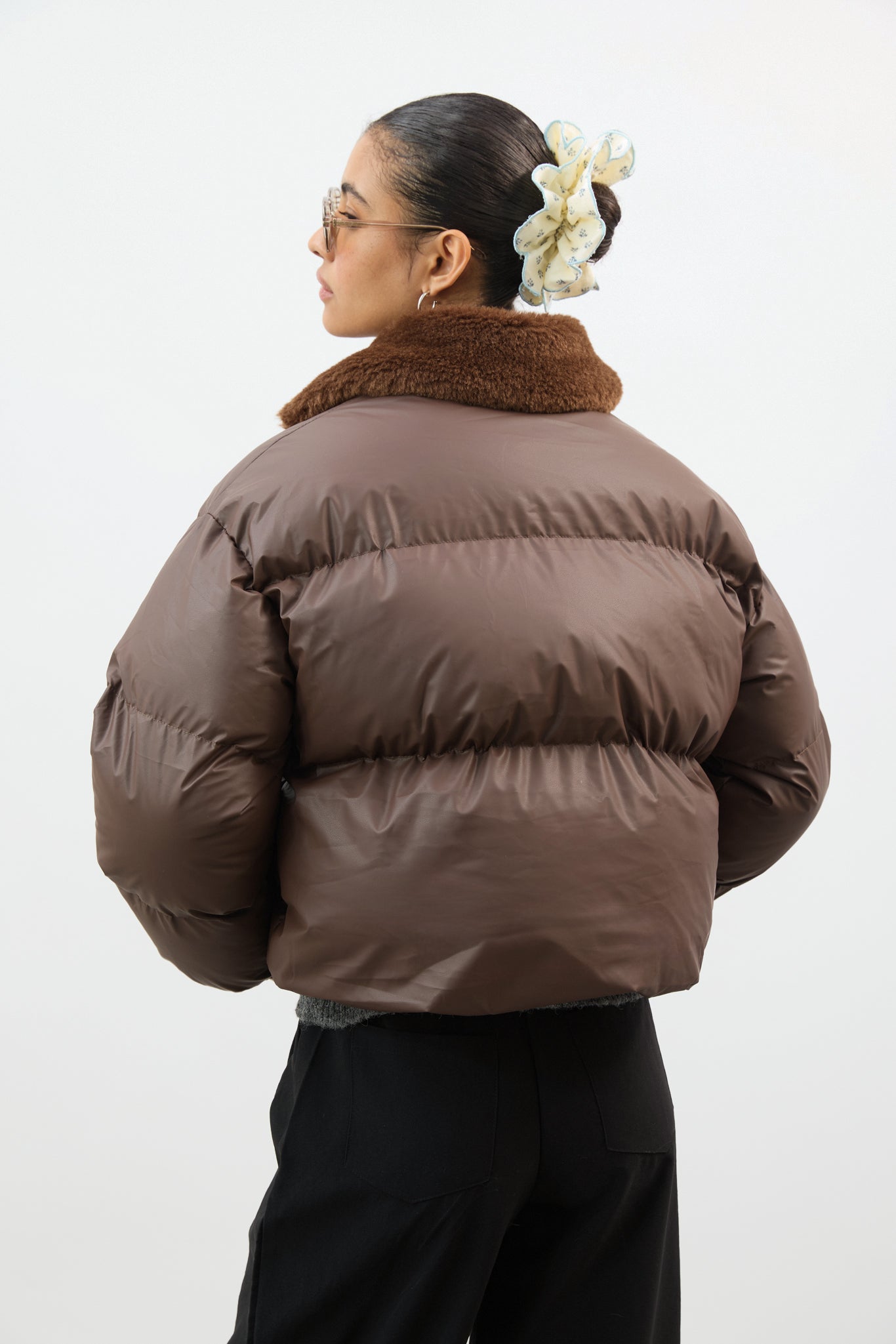 Brown and caramel faux fur collar puffer coat_3