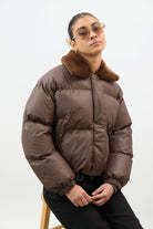 Brown and caramel faux fur collar puffer coat_6