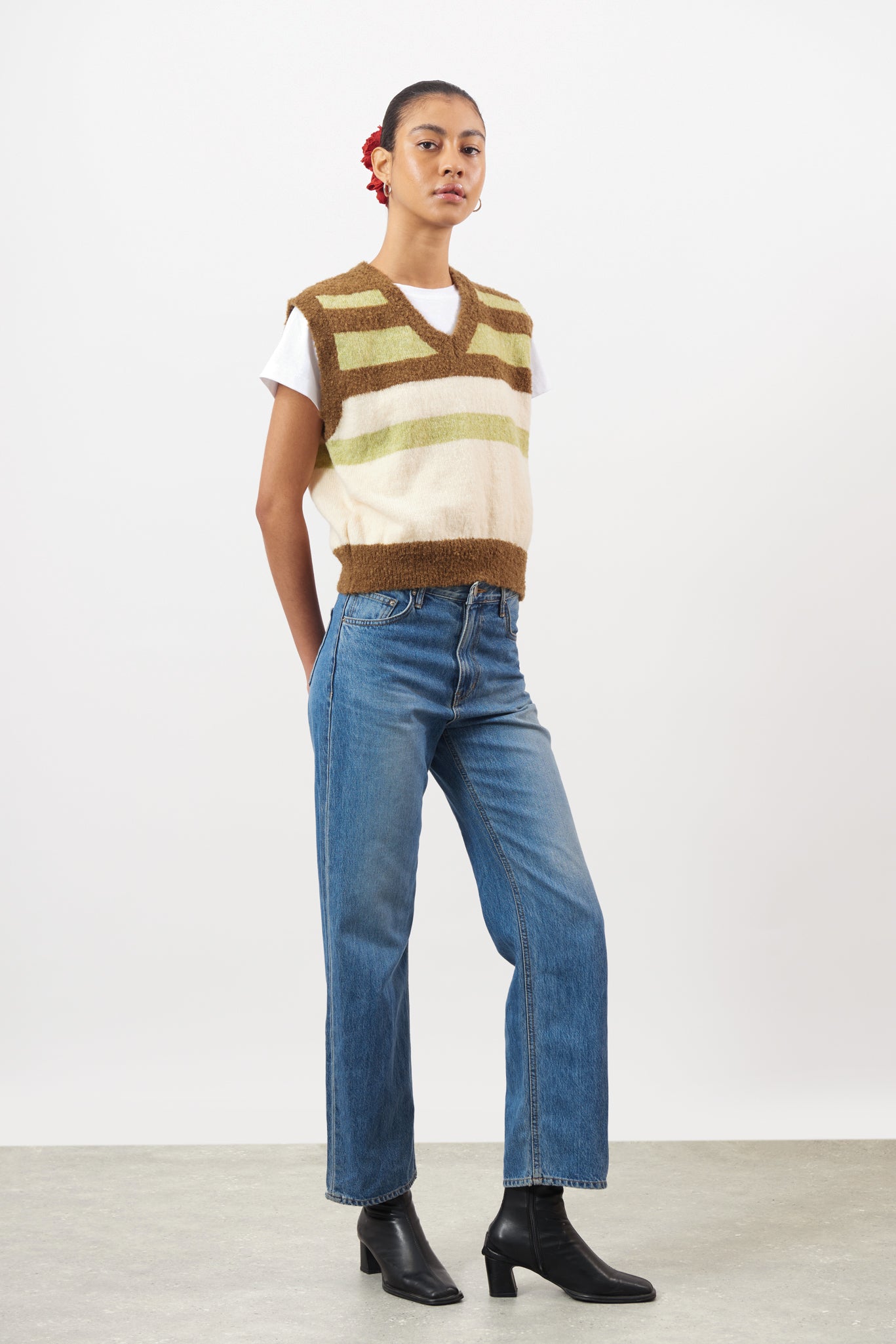 Brown green and ivory striped fuzzy sweater vest_4