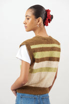 Brown green and ivory striped fuzzy sweater vest_2