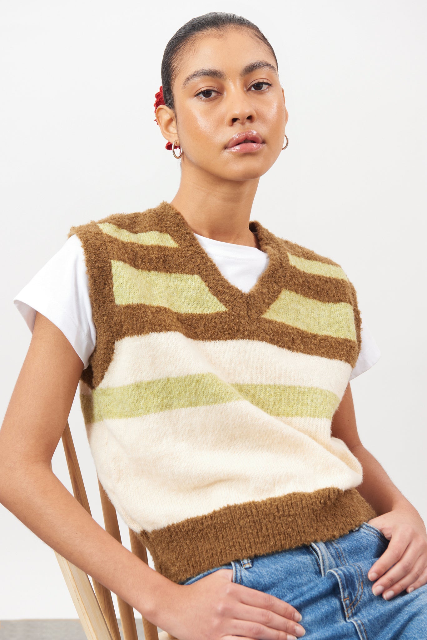 Brown green and ivory striped fuzzy sweater vest_5