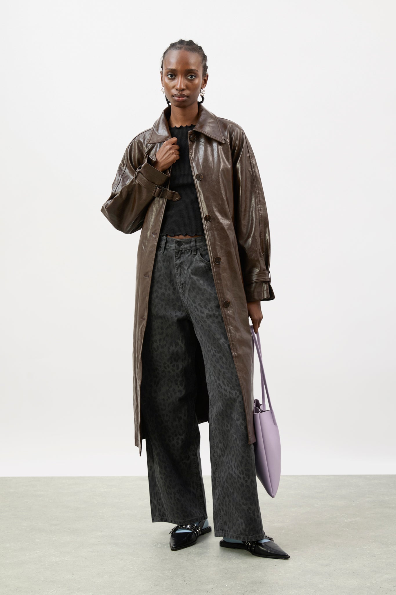Brown high shine vegan leather coat_2