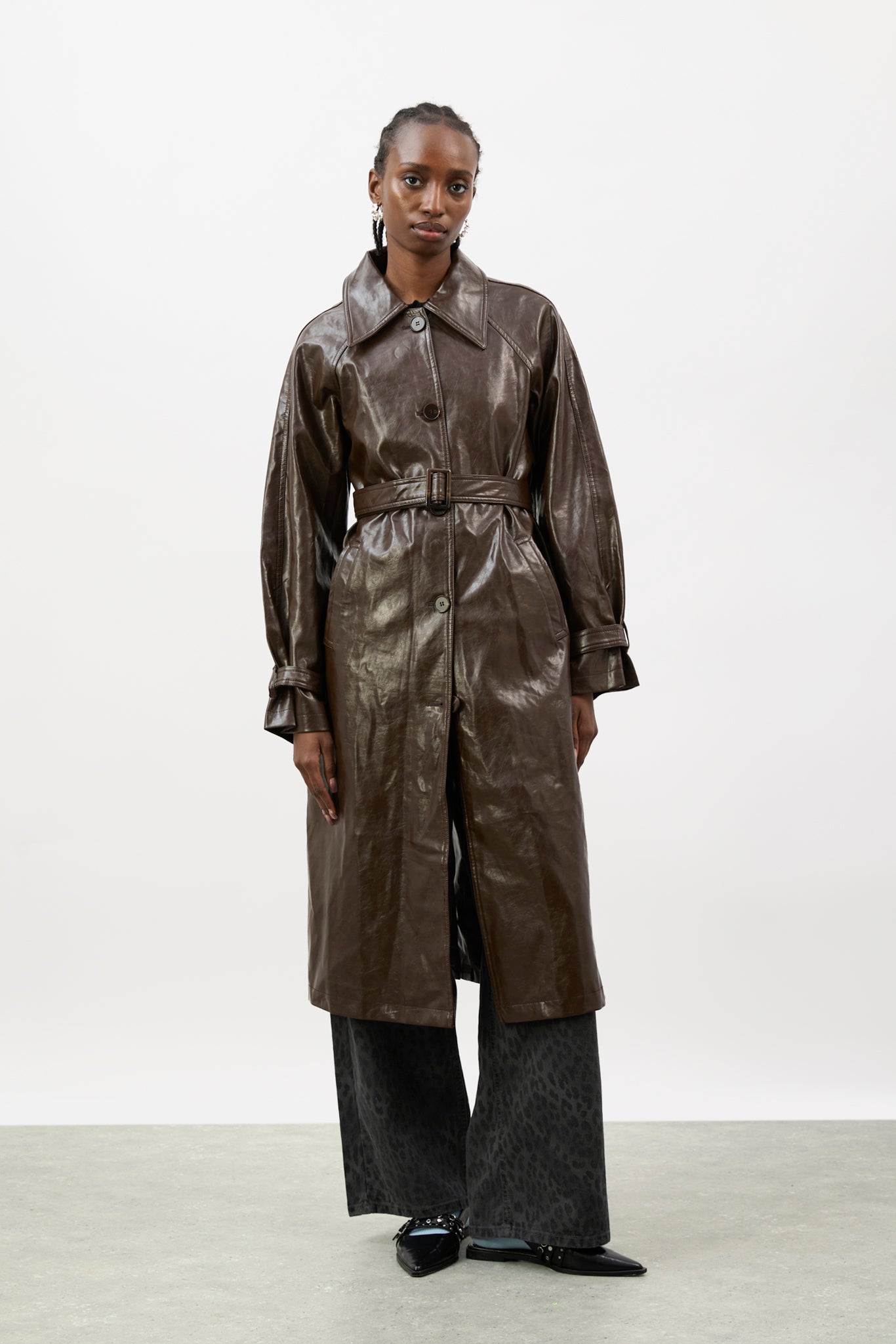 Brown high shine vegan leather coat_1