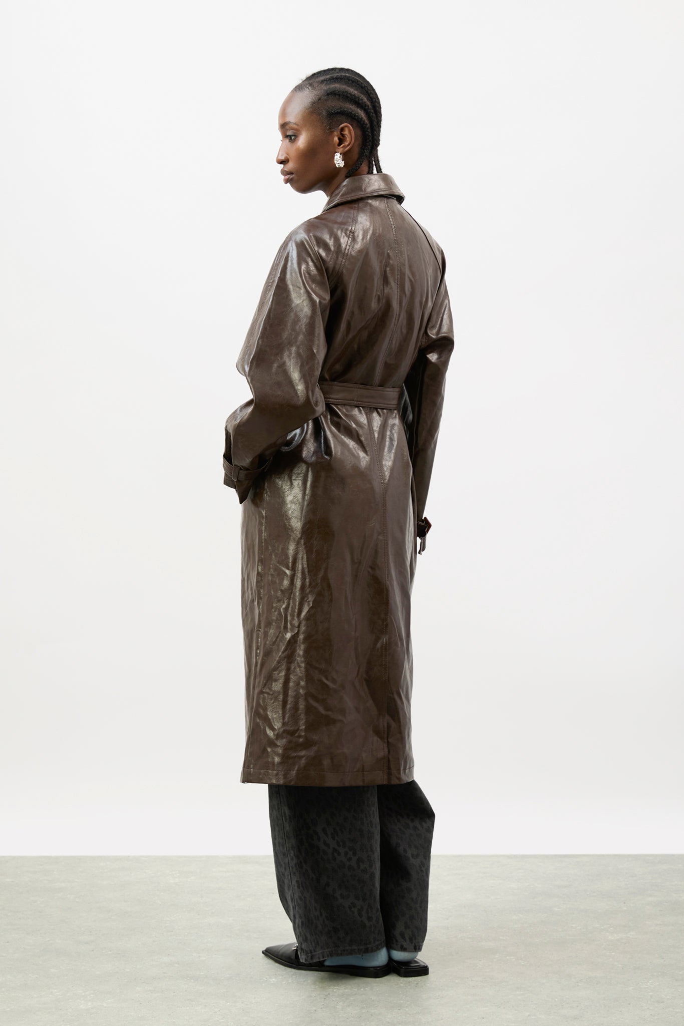Brown high shine vegan leather coat_3