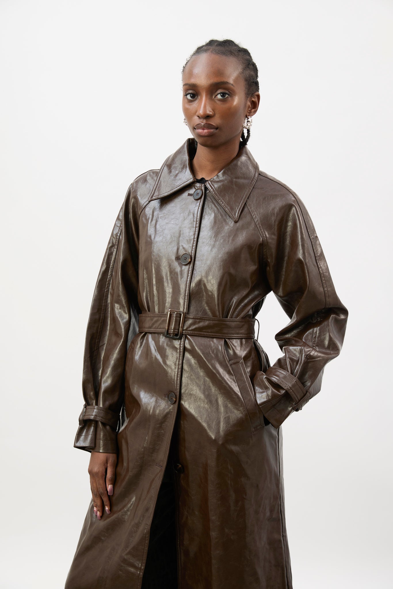Brown high shine vegan leather coat_4