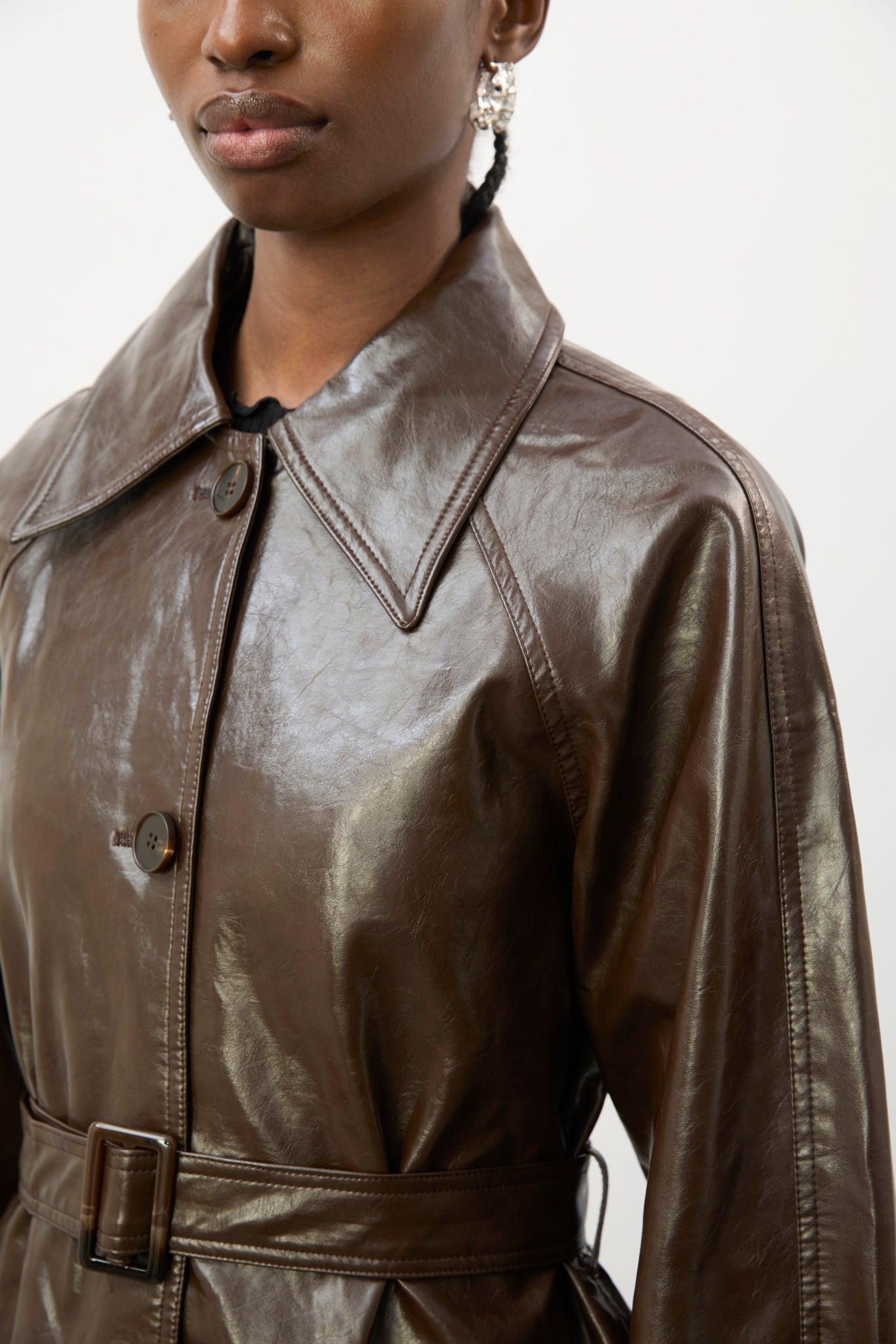 Brown high shine vegan leather coat_5