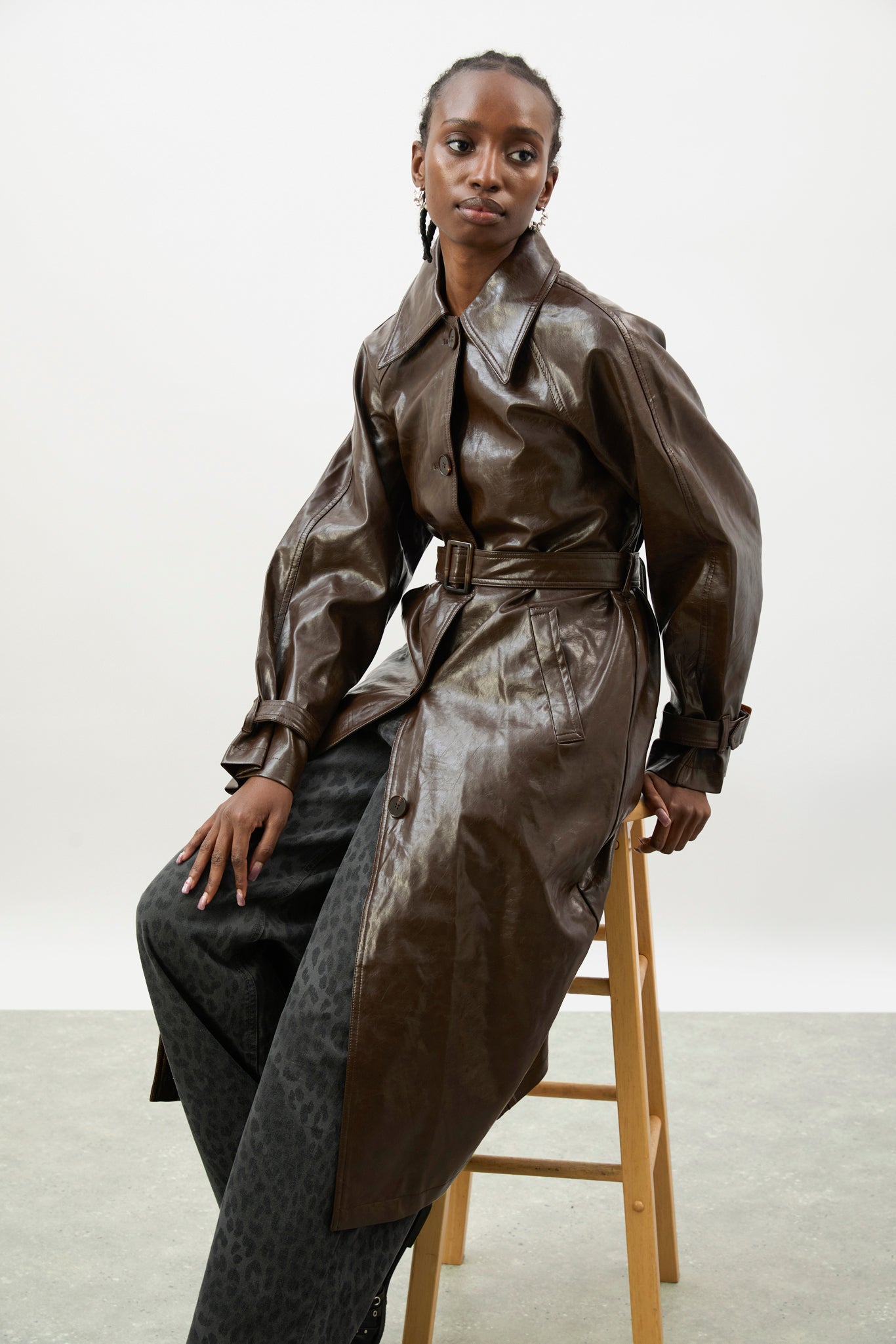 Brown high shine vegan leather coat_6