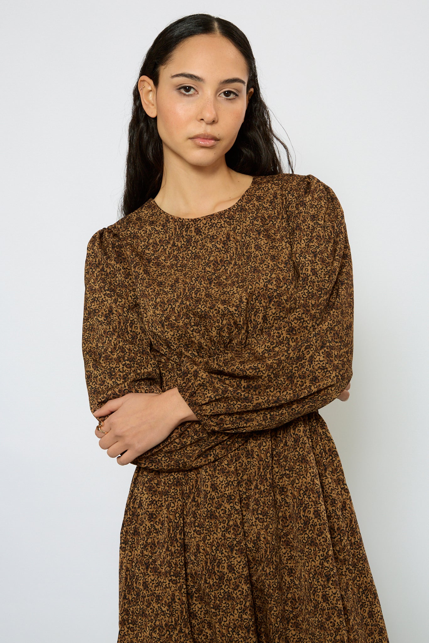 Brown leopard print smock waist silky dress Glassworks London