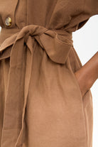 Brown linen blend button front tie waist romper_4