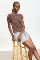 Brown pleat ribbed short sleeved top_5