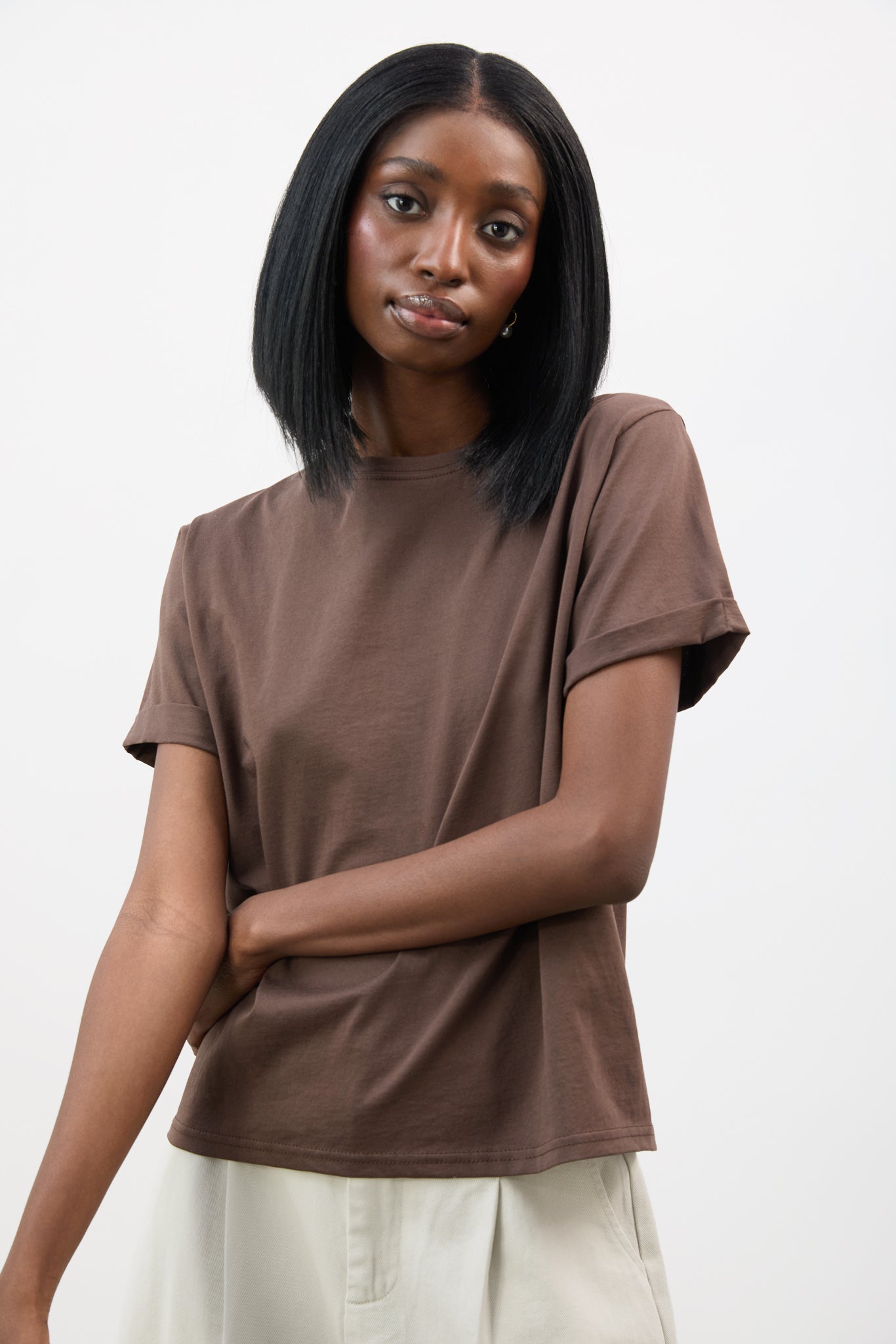 Brown pure cotton rolled hem T-shirt_1