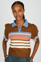 Brown striped blue collar knit tee_1