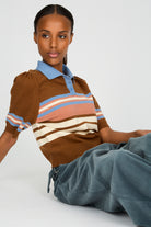 Brown striped blue collar knit tee_5