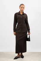 Brown textured wool blend tie waist shirt_4