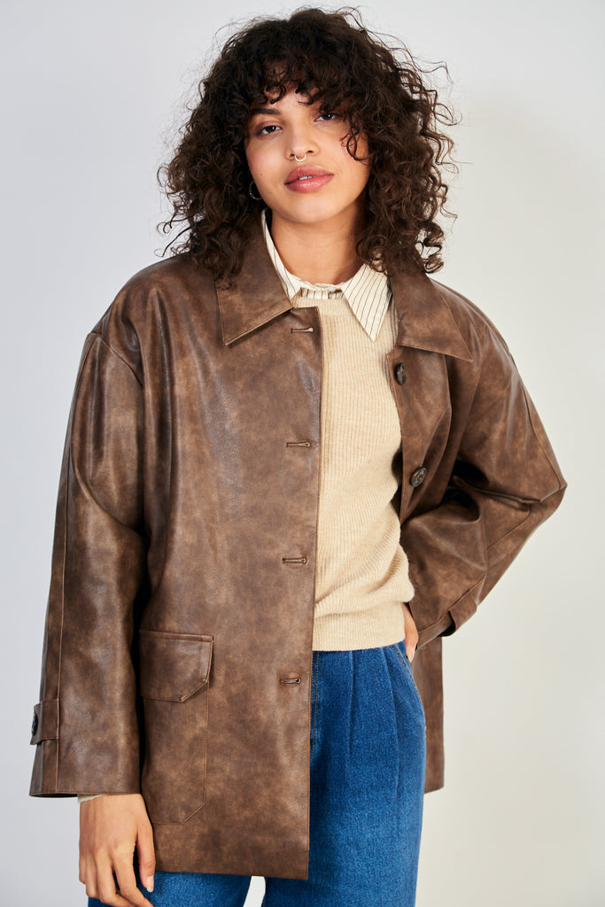 Brown vegan leather button up jacket_2