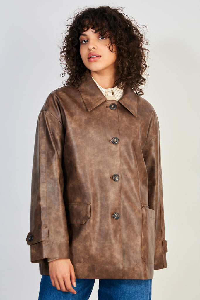 Brown vegan leather button up jacket_1
