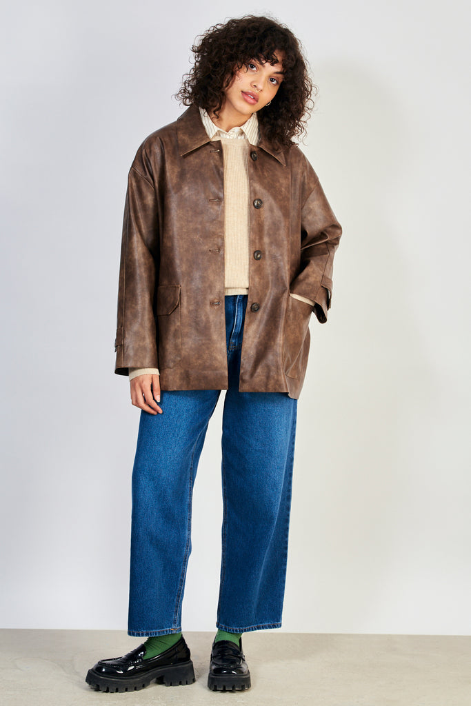 Brown vegan leather button up jacket_5