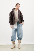 Brown vegan leather button up short jacket_6