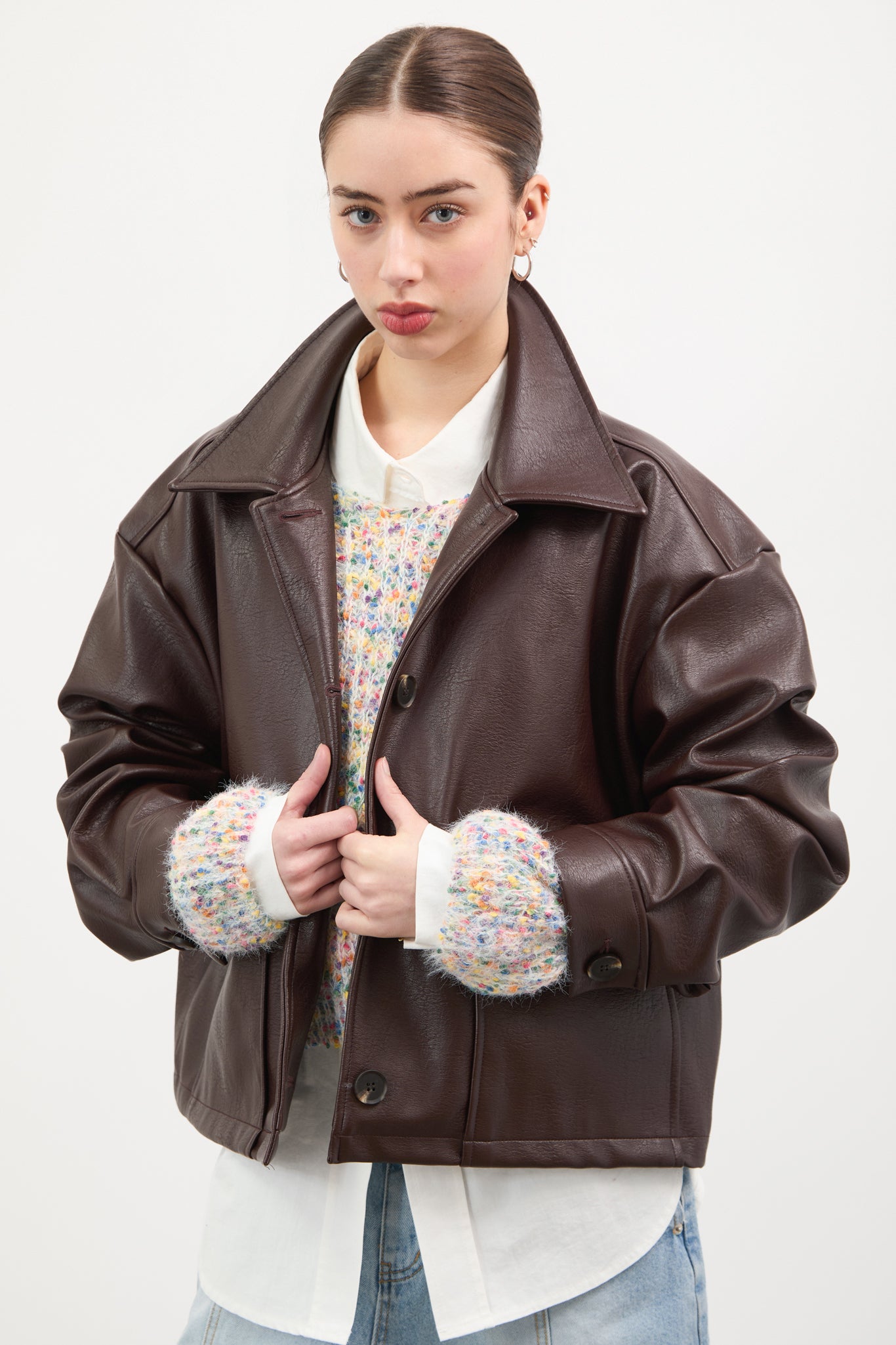 Brown vegan leather button up short jacket | Glassworks London