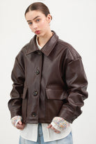 Brown vegan leather button up short jacket_3