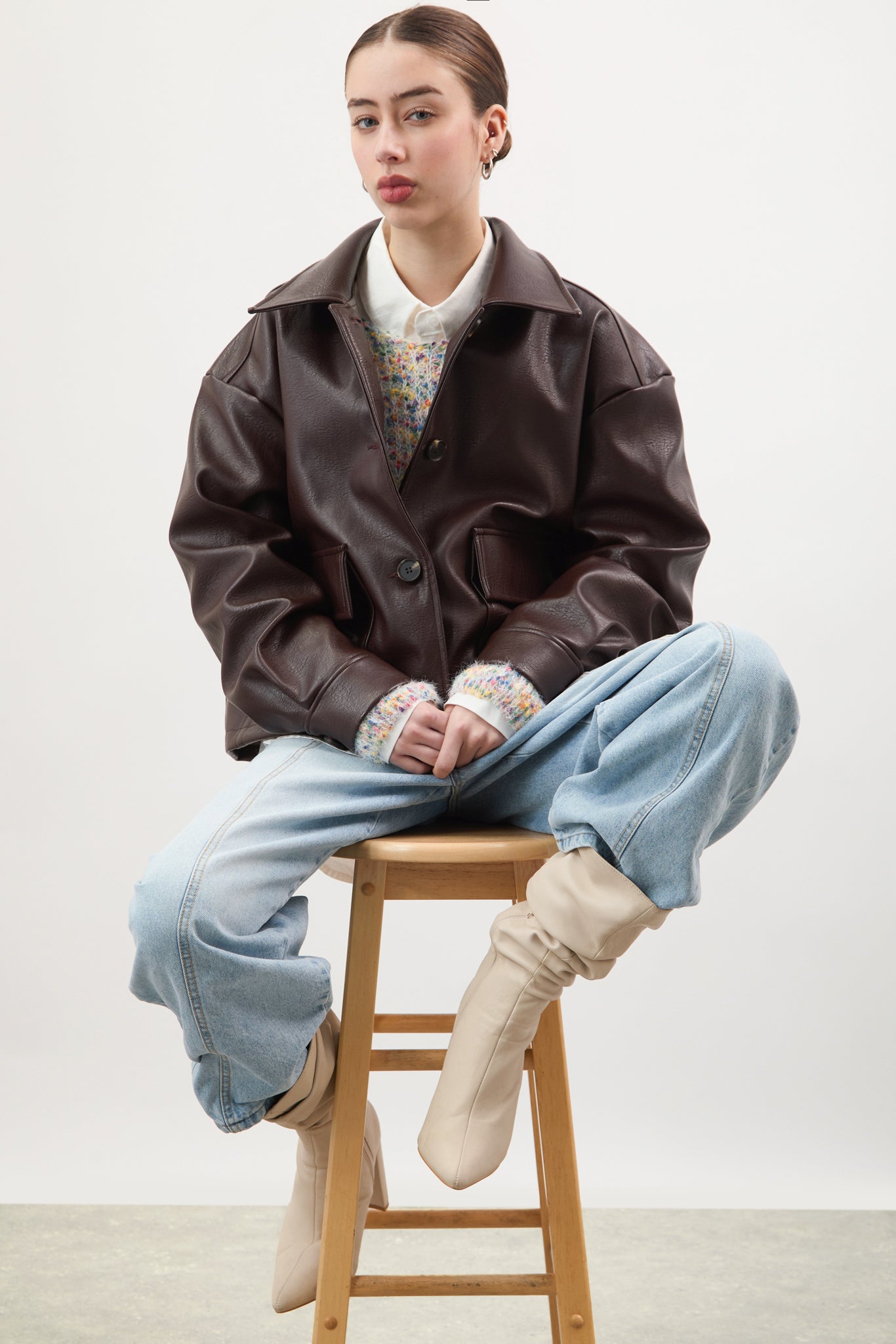 leather jacket archive brown 短丈 レザージャケット Brown vegan leather button up short jacket | Glassworks London