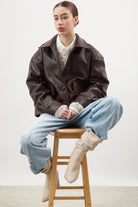 Brown vegan leather button up short jacket_7